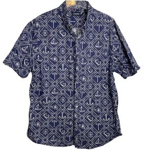 Men's XXL Nautical Short Sleeve Button Down Blue Cotton Tropical Anchor Hawaiian